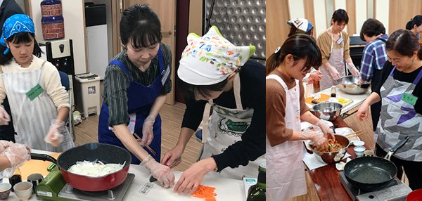 フライパンでチャプチェを作っている様子